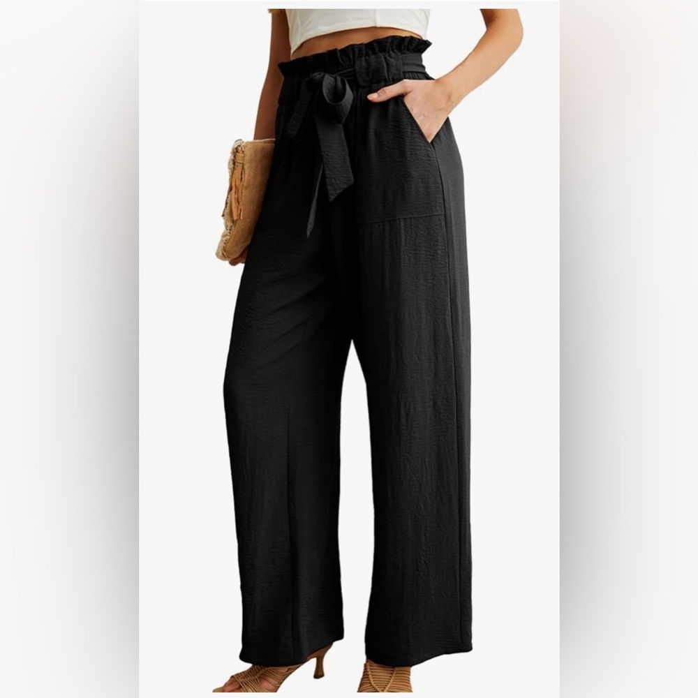Women’s Black Paperbag Waist Wide-Leg Pants